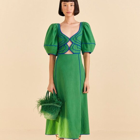 ISO (NOT FOR SALE): Farm Rio - Piped Cutout Linen-blend Midi Dress (BUYING) - Picture 1 of 2